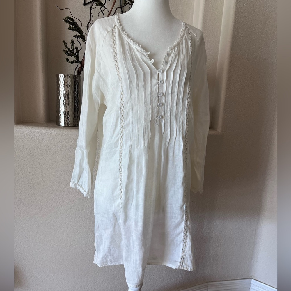 Malvin I ❤️ Linen dress Cream Sz M Boho Peasant Button Up Pin Tuck Gold Thread